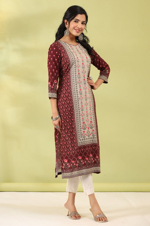 Women Maroon Digital Printed Embroidery Straight Kurta